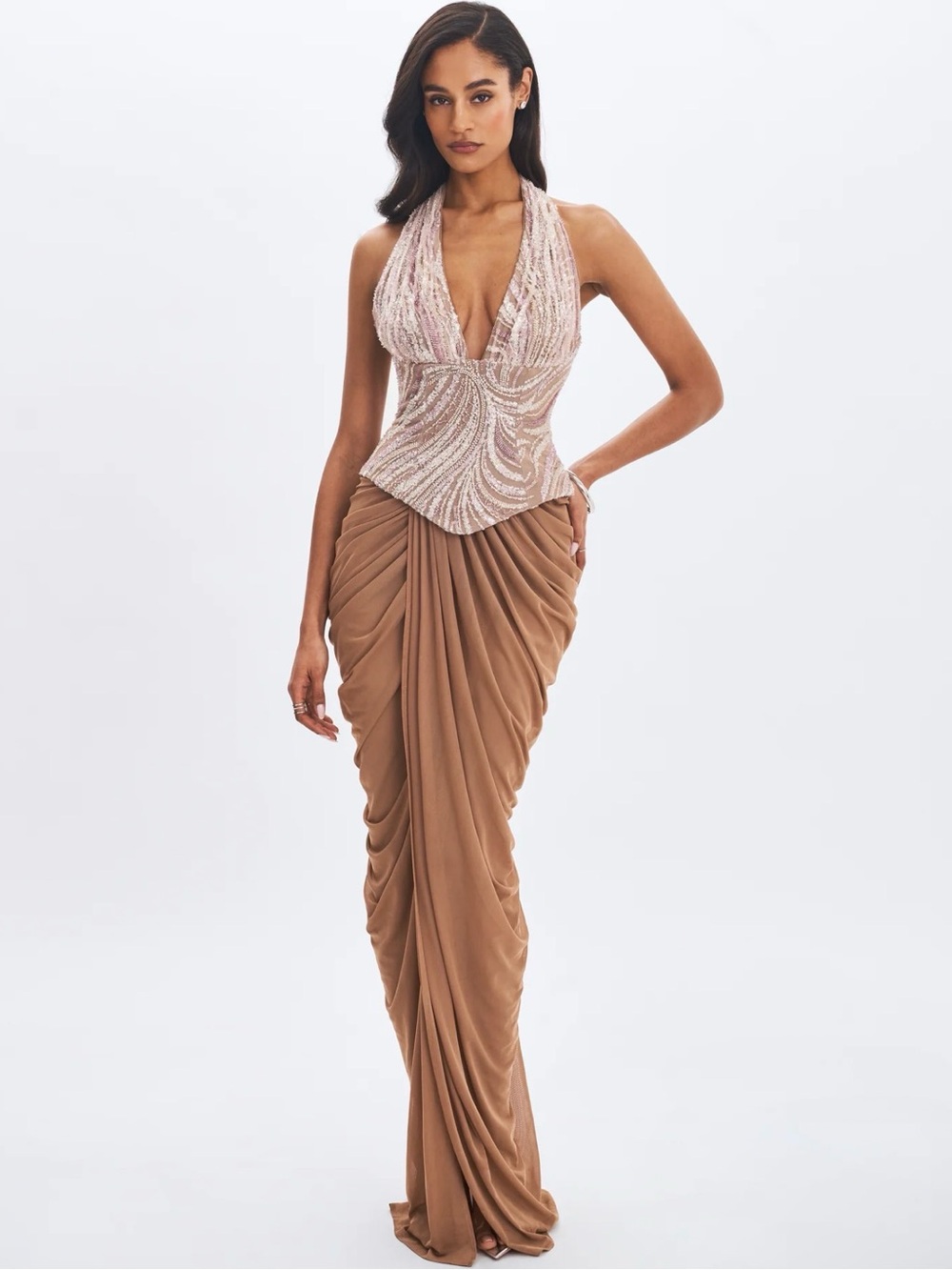 Elegant Two-Tone Halter Prom Dress in Blush and Tan